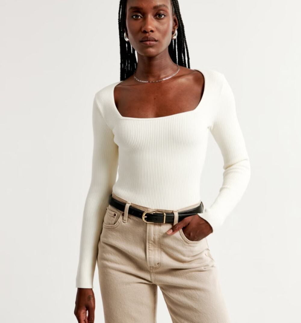 ABERCROMBIE Ribbed Knit Long Sleeve Bodysuit Cream Ivory Small S